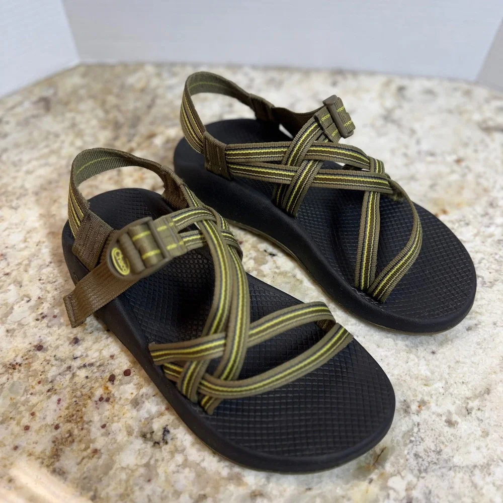 Chaco Z Cloud 2 Men 10 Sandals Olive Yellow Striped Double Strap Toe Loop Hiking
